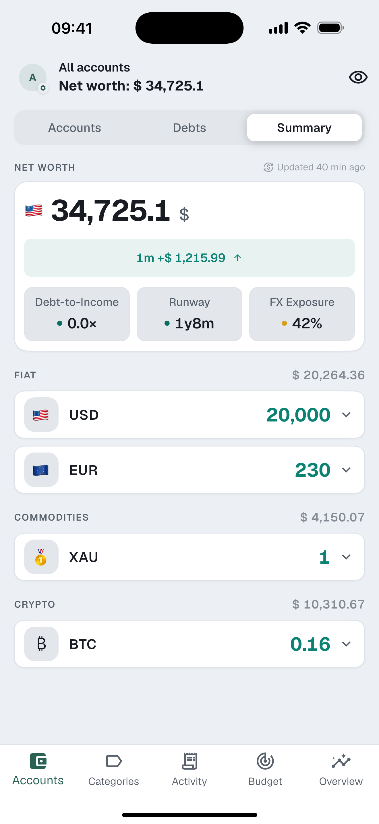 Accounts summary with fiat currencies, gold, and Bitcoin