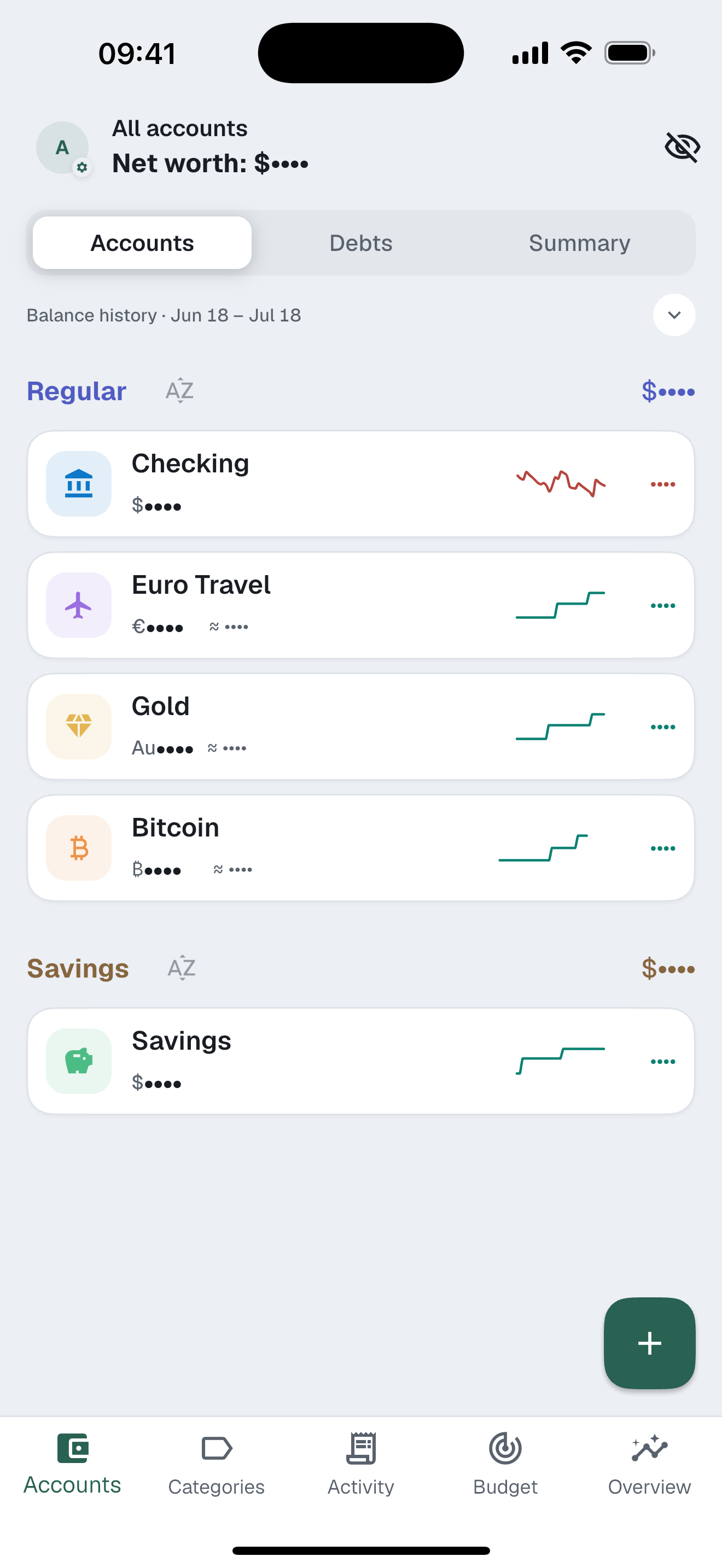 Privacy mode masking balances across the accounts list