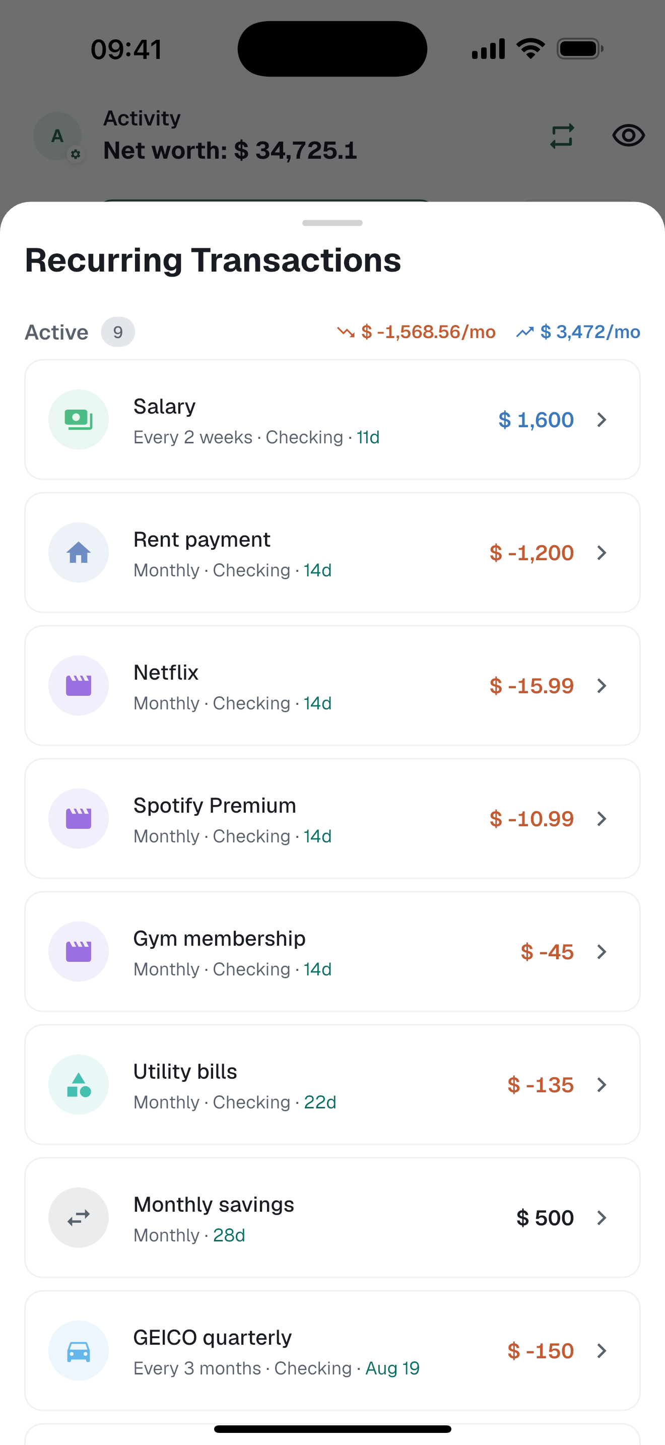Recurring transactions list with upcoming income and payments