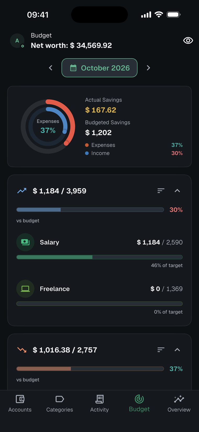 Budget progress comparing planned and actual income and expenses
