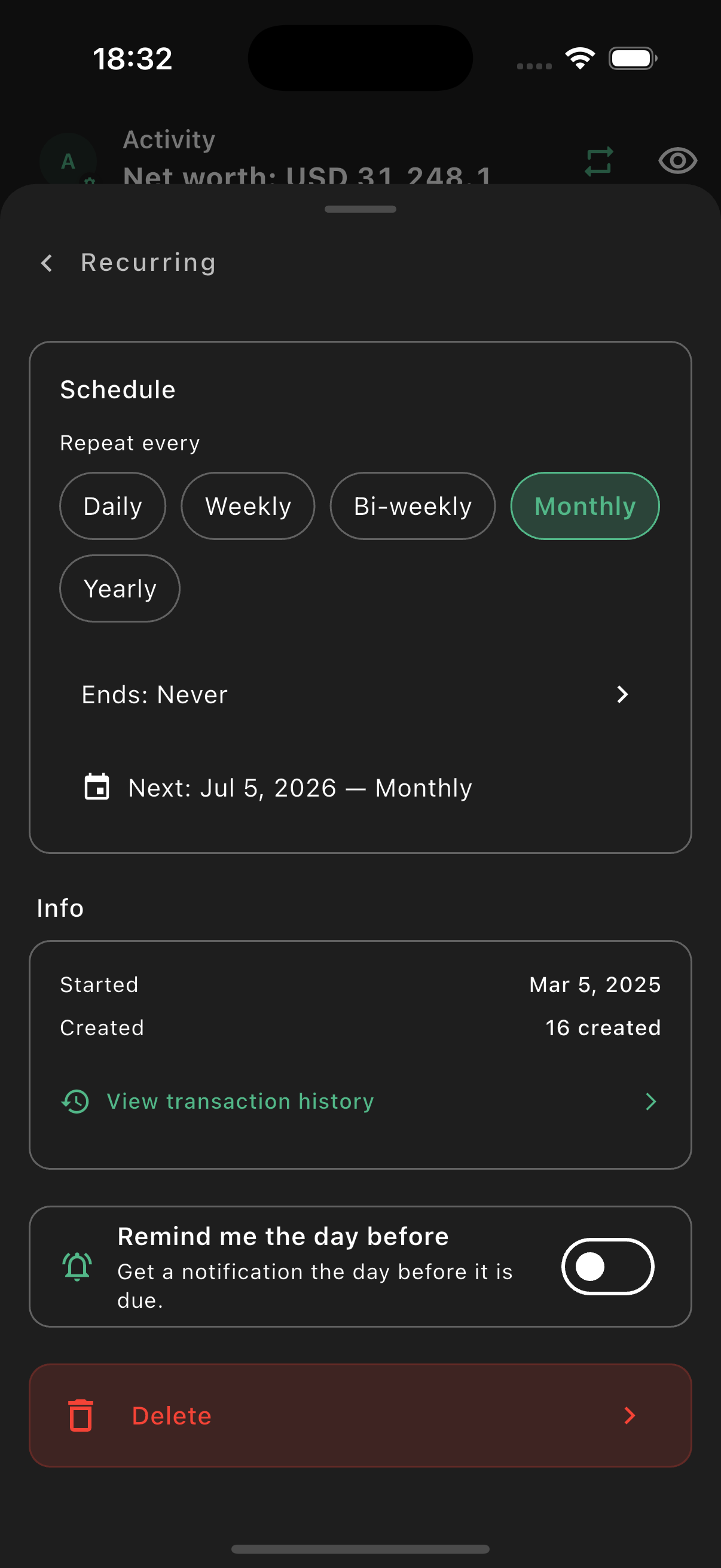Recurring transaction settings with schedule options and the Remind me the day before toggle