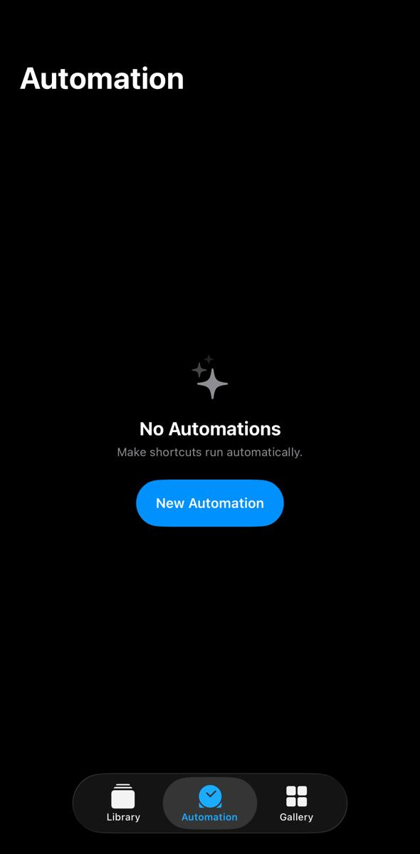 Shortcuts app Automation tab with New Automation button