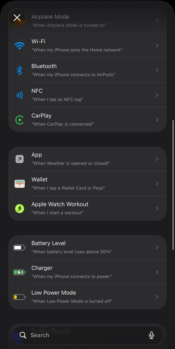 Trigger list with Wallet highlighted, showing When I tap a Wallet Card or Pass