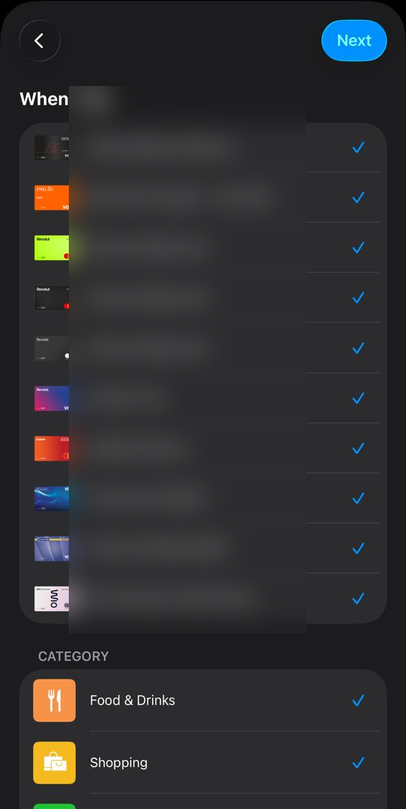 Card selection screen with all cards checked