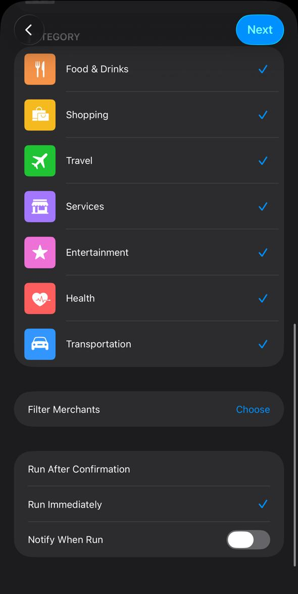 Bottom of the card screen showing Run Immediately selected and Notify When Run toggled off