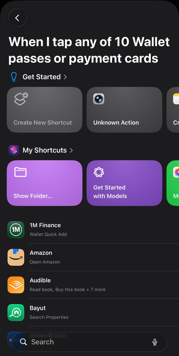 Create New Shortcut button on the action selection screen