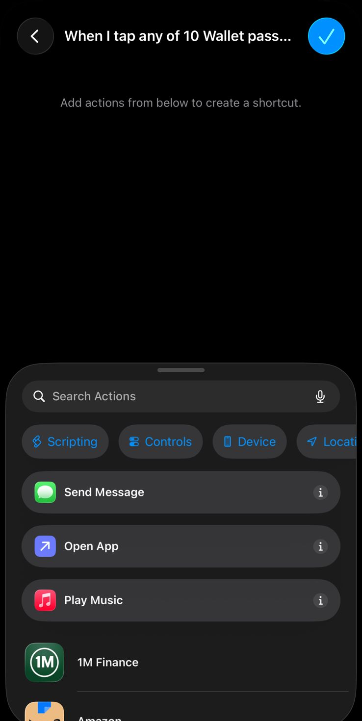 Action editor with Search Actions showing 1M Finance in results