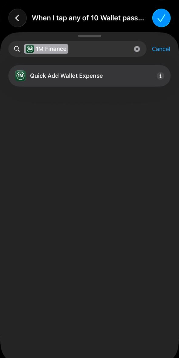 1M Finance actions list showing Quick Add Wallet Expense