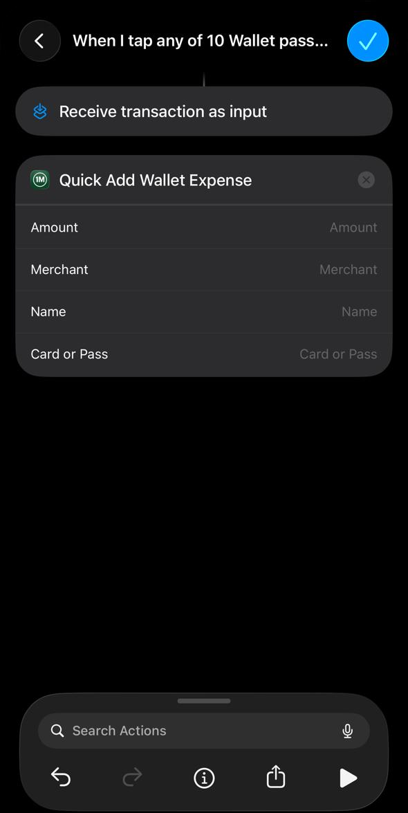 Quick Add Wallet Expense action card with all four fields unmapped