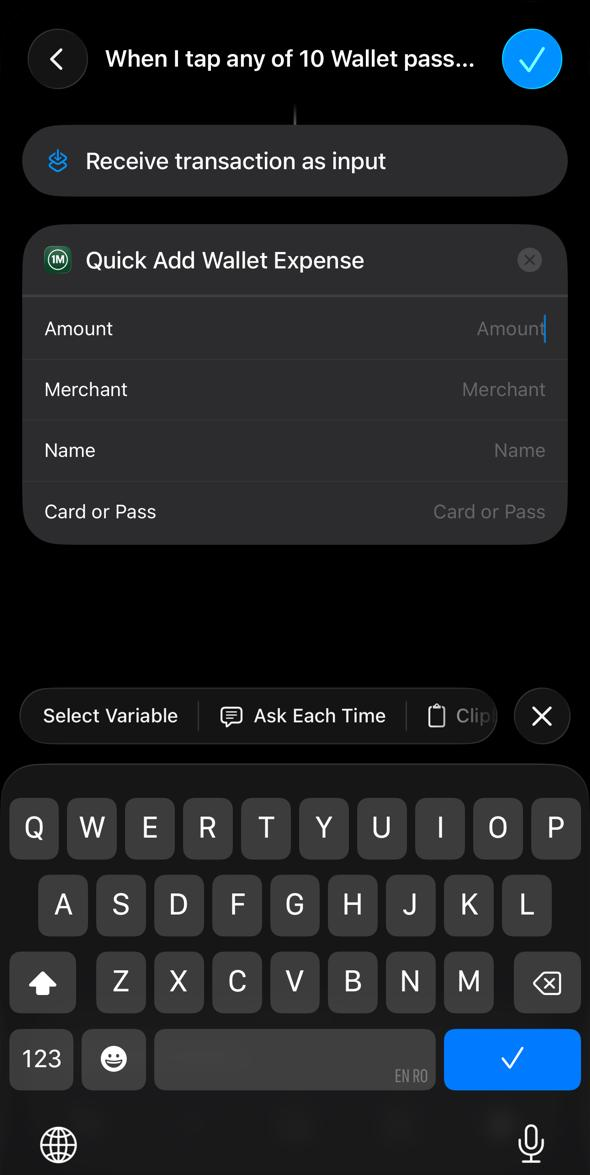 Keyboard visible with Select Variable button above it