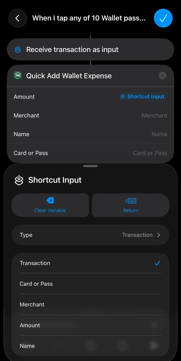 Property picker showing Transaction, Card or Pass, Merchant, Amount, and Name