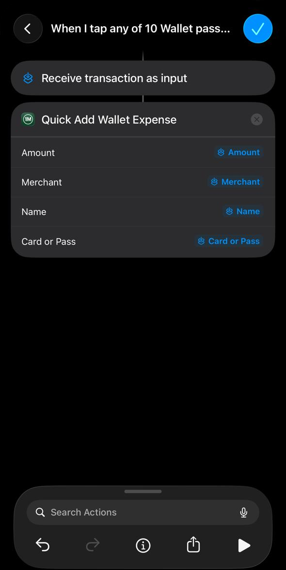 Action card with all four fields mapped: Amount, Merchant, Name, and Card or Pass all showing in blue