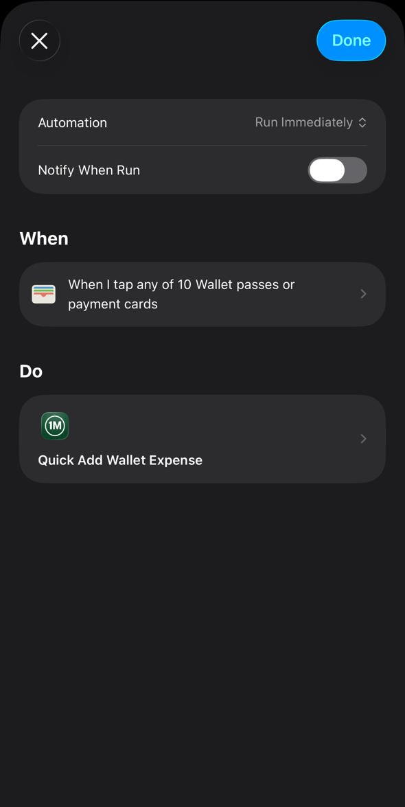 Automation detail screen showing Run Immediately setting, the Wallet trigger, and the Quick Add Wallet Expense action
