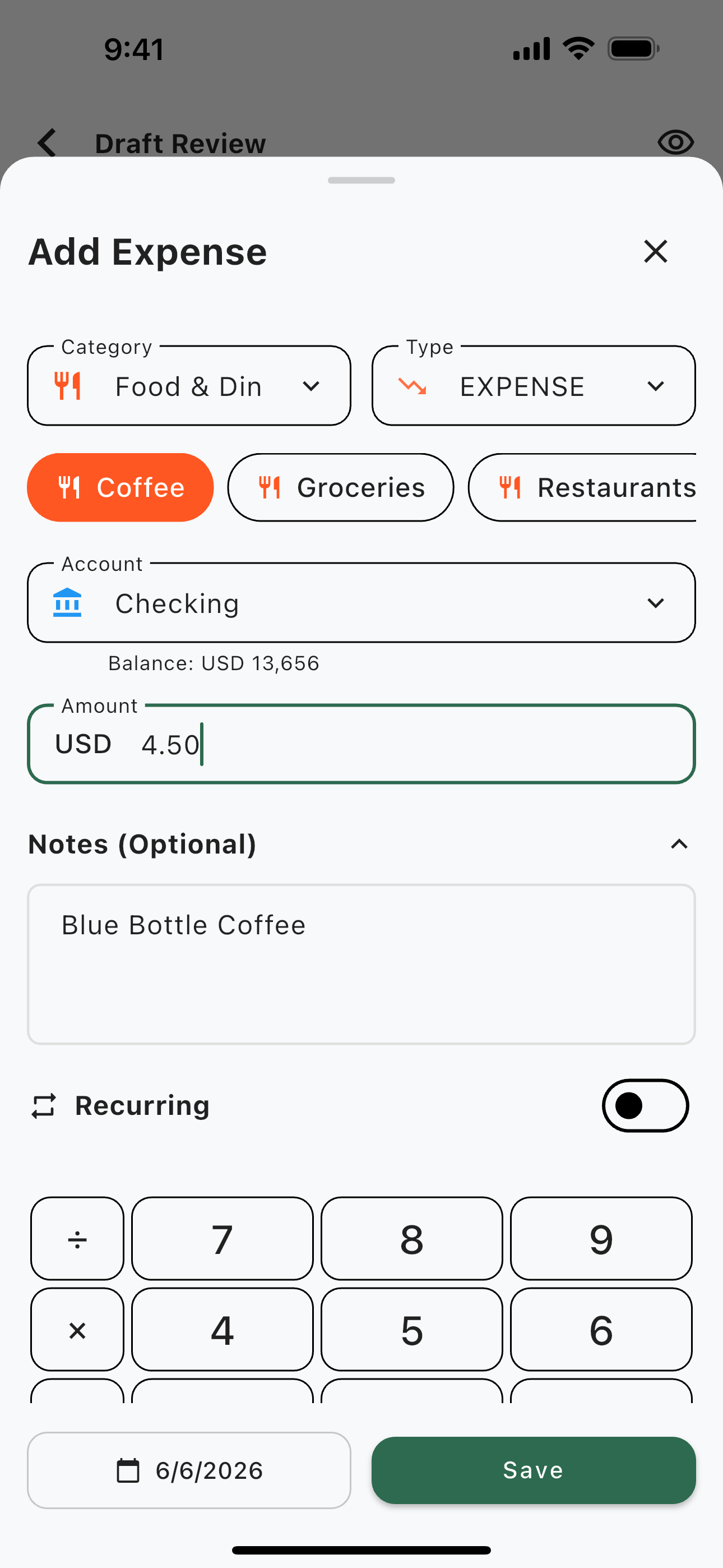 1M Finance Add Expense sheet with Wallet draft details prefilled