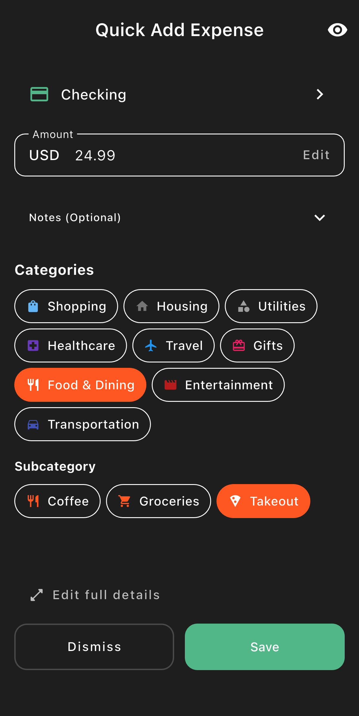 1M Finance quick add screen showing a prefilled draft transaction with amount, merchant, and card label from an Apple Wallet payment